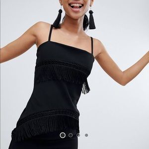 Black fringe mini dress tassels fringing LBD shift